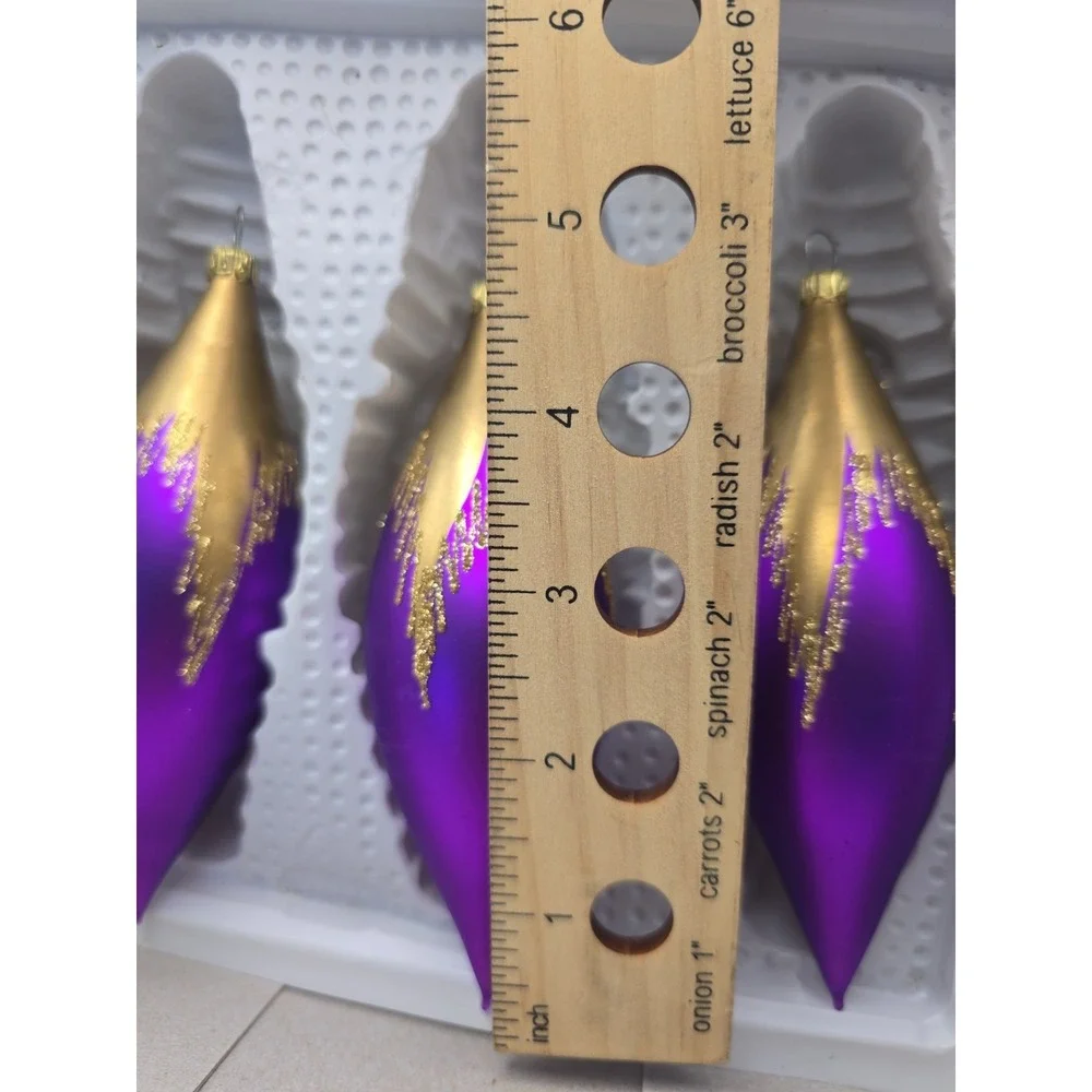 German Glass Teardrop Christmas Ornaments Violet/Gold Snowflake Hanging Set 3pc